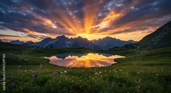 Obraz Colors of orange and purple fill the sky as the sun sets behind majestic alpine peaks. The tranquil lake mirrors the stunning hues, creating a breathtaking view. Lush green meadows dotted with