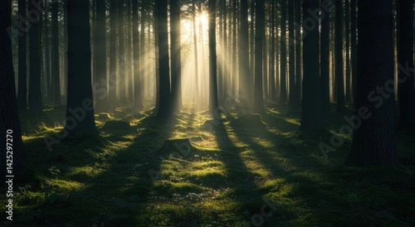 Obraz Sunlight breaks through the dense canopy of tall trees in a tranquil forest, illuminating the scene with warm, golden rays. The light creates a striking contrast with the deep shadows cast by the