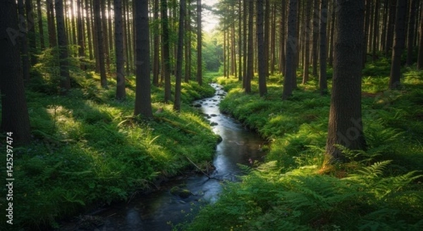 Fototapeta A tranquil forest setting showcases a winding stream flowing through vibrant green ferns and tall trees. The golden light of the late afternoon sun filters through the branches, casting dappled