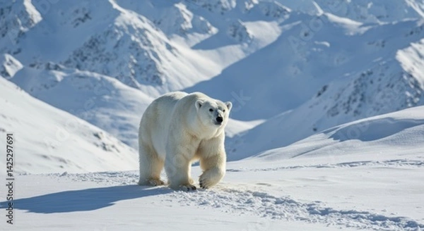 Obraz A polar bear moves gracefully across a vast, snowy terrain, surrounded by majestic mountains and a brilliant blue sky. The pristine snow covers the ground, glistening in the sunlight, as the bear's