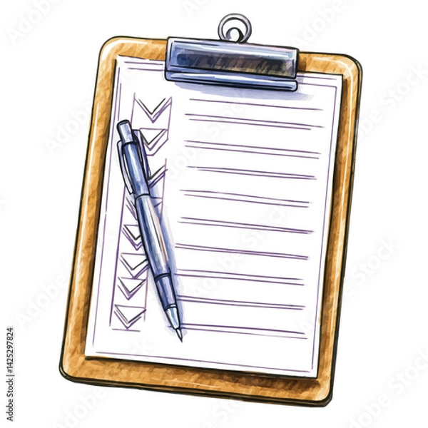Obraz Clipboard with meeting agenda, watercolor illustration, isolated on a white background.


