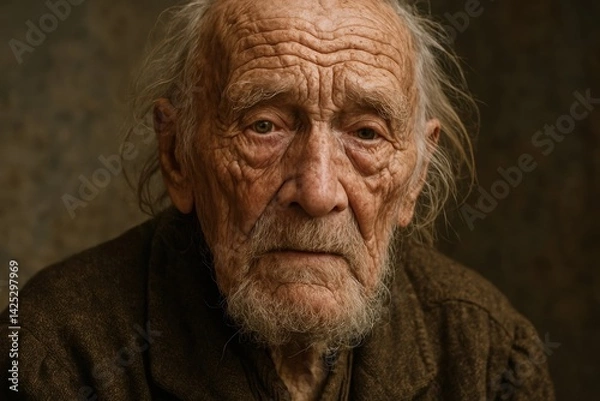 Obraz An elderly man with a weathered face and deep-set wrinkles stares intently, conveying a lifetime of stories and experiences. His worn clothing adds to the sense of history and resilience. Soft