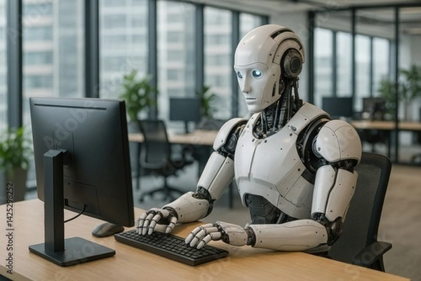 Fototapeta A humanoid robot is seated at a sleek office desk in a bright, contemporary workspace filled with large windows. The robot, with a metallic body and expressive blue eyes, is focused on a computer