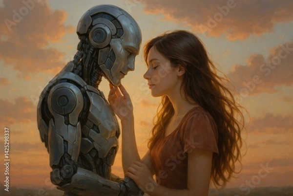 Obraz In a tranquil landscape under a vibrant sunset, a humanoid robot and a young woman share an intimate moment. The robot, with a sleek metallic finish, gently holds the woman's face as she gazes back