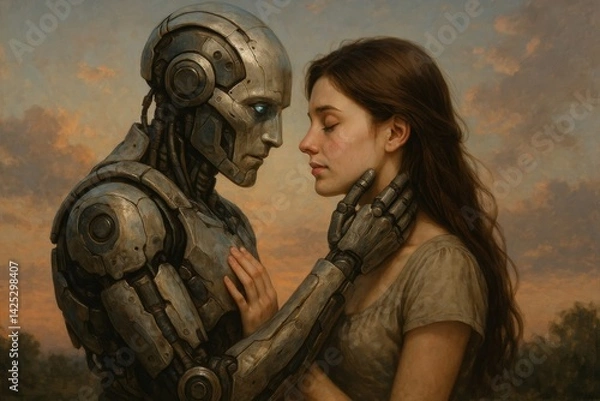 Fototapeta In a tranquil setting during twilight, a humanoid robot gently cradles the face of a young woman with an expression of deep affection. The contrasting textures of the cold metallic body and the soft