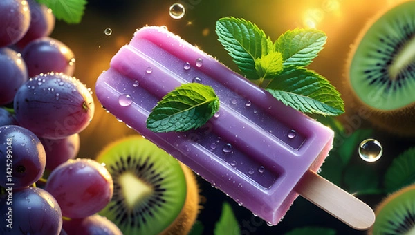 Obraz Refreshing Grape and Kiwi Popsicle with Mint Visual Design