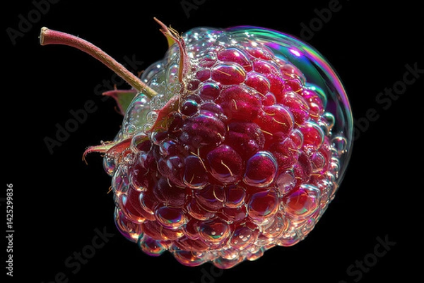 Obraz A raspberry blowing bubbles, with each bubble forming tiny fruity rainbows
