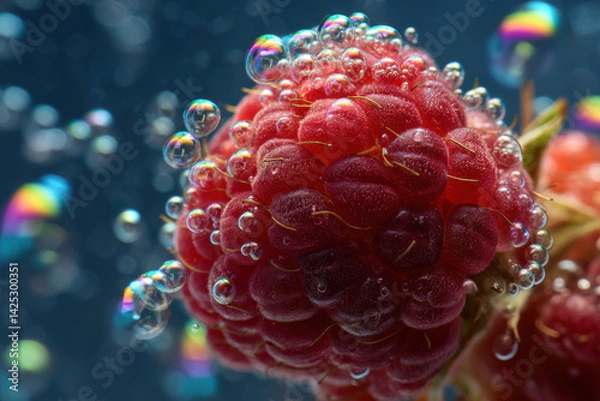 Fototapeta A raspberry blowing bubbles, with each bubble forming tiny fruity rainbows
