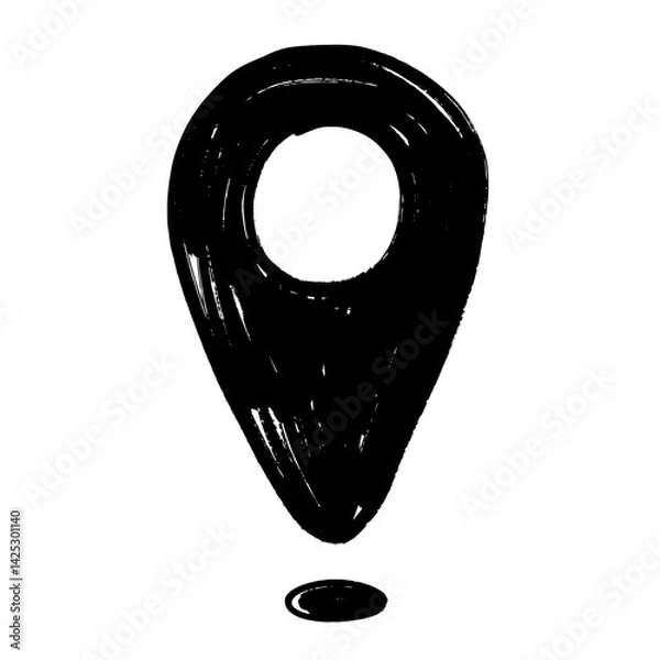 Fototapeta Hand drawn location pin icon in doodle style. This black and white sketch represents a map pointer used for marking places, GPS, and navigation.