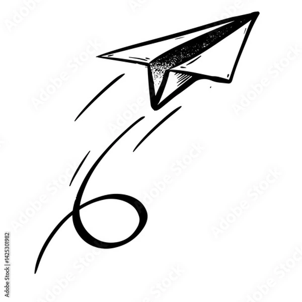 Fototapeta Hand drawn doodle of a flying paper plane icon. This black and white sketch style illustration is perfect for creative concepts such as freedom, travel, imagination, or communication.