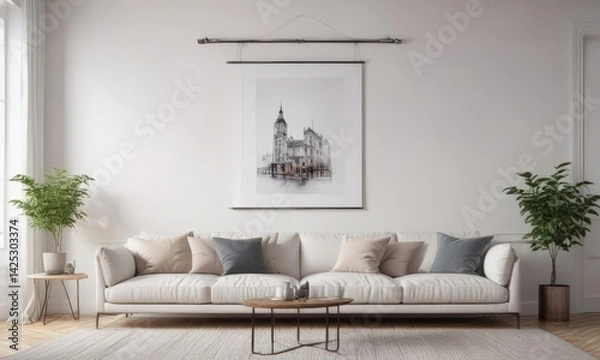Fototapeta Bright living room, poster hanging with metallic clips on a white wall , photo mockup, poster design, interior