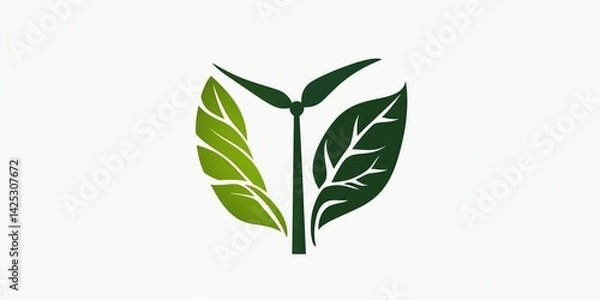 Fototapeta Symbolic Green Energy Logo with Leaves and Wind Turbine Design