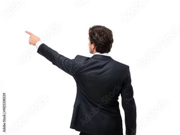 Fototapeta Man in suit pointing with his right hand from back view against dark space