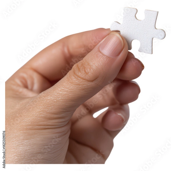 Fototapeta Hand Holding White Puzzle Piece Symbolizing Problem Solving Task, isolated on transparent background.