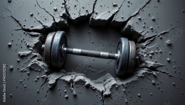 Fototapeta In a powerful display of brute strength and determination, a dumbbell is depicted crashing through a solid gray wall, symbolizing the breaking of barriers and the overcoming of obstacles This