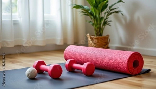 Fototapeta Transform your living space into a personal fitness haven with this minimalist home workout setup Featuring dumbbells for strength training, a yoga mat for flexibility and core work, and the calming