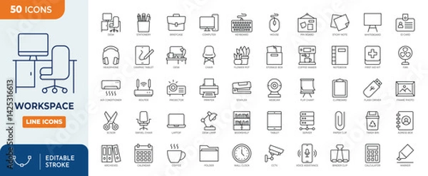 Fototapeta Workspace line editable icon set. Contains  icons related to Workspace and office, coworking. Equipment and furniture. Editable stroke. Vector illustration