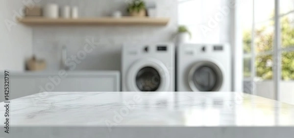 Fototapeta A modern laundry room featuring a marble countertop in the foreground. with washing machines and neatly organized cleaning supplies in the background. creating a tidy and functional space