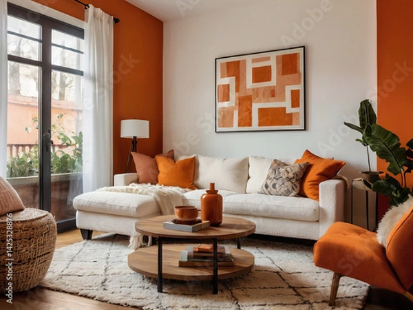 Obraz Modern cozy living room with white boucle sofa, orange wall and eclectic decor in bold colors. Generated with AI