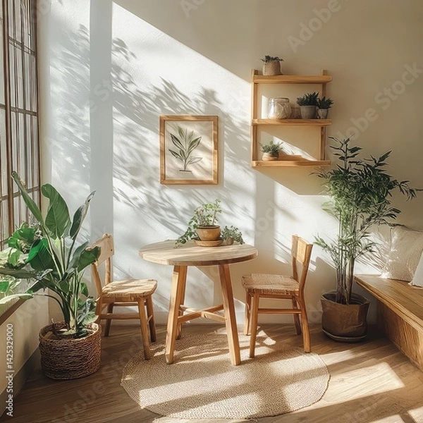 Fototapeta Minimalist Wooden Table and Chairs Set in Modern Room