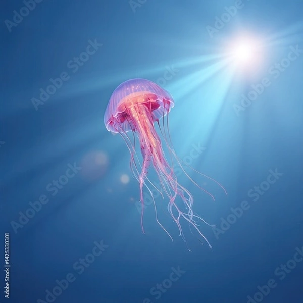 Fototapeta A luminous pink jellyfish with translucent tentacles gracefully drifts in vibrant blue ocean water, evoking a surreal underwater scene. Generative By AI
