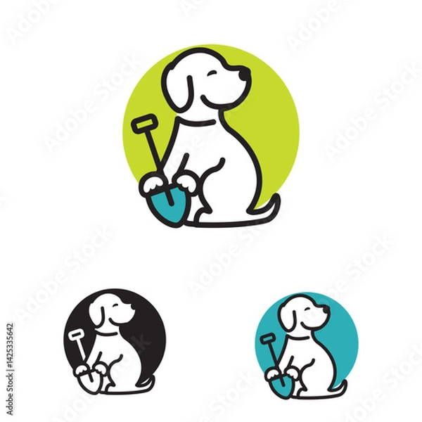 Fototapeta cartoon dog holding a small spade, shovel with its paw, poop scoop logo design