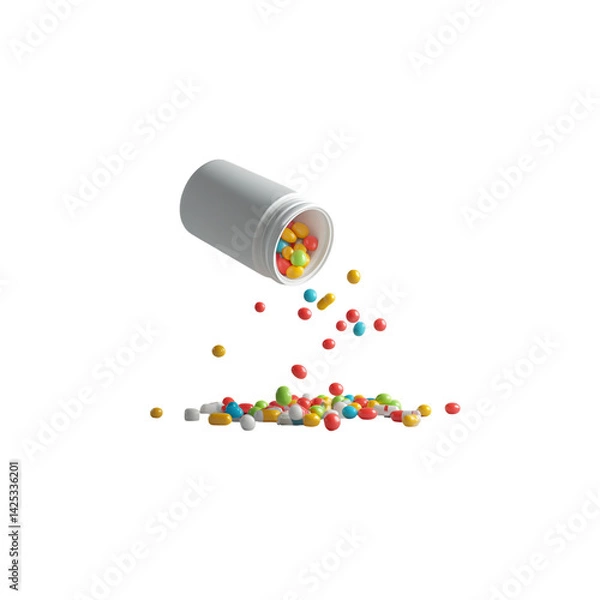 Fototapeta 3D rendering of colorful pills spilling out from an open white pill bottle on a grey background