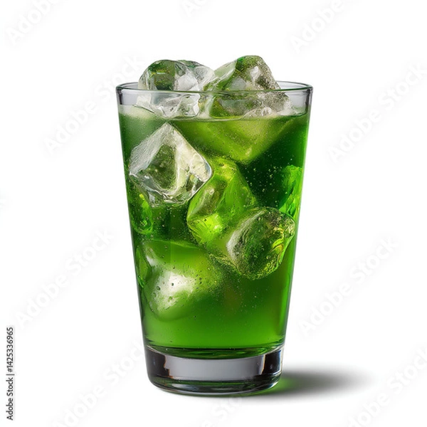 Fototapeta Glass of green carbonated soda with ice cubes and sparkling bubbles refreshing fizzy drink isolated on transparent background. isolated white background