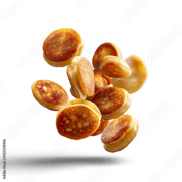 Fototapeta Multiple golden-brown mini pancakes fluffy and perfectly round floating in mid-air with light shadows beneath isolated on transparent background. isolated white background