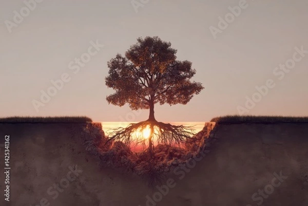 Obraz A sunrise behind a tree with visible root system exposed, half-above half-below earth, stylized cutaway composition