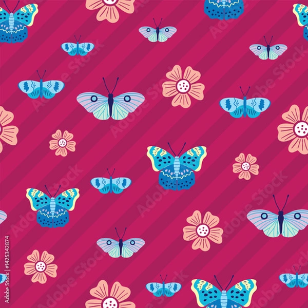 Fototapeta Butterflies vector seamless pattern on purple stripes