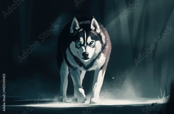 Fototapeta Photorealistic image of a Siberian Husky with icy blue eyes, well-defined muscular body