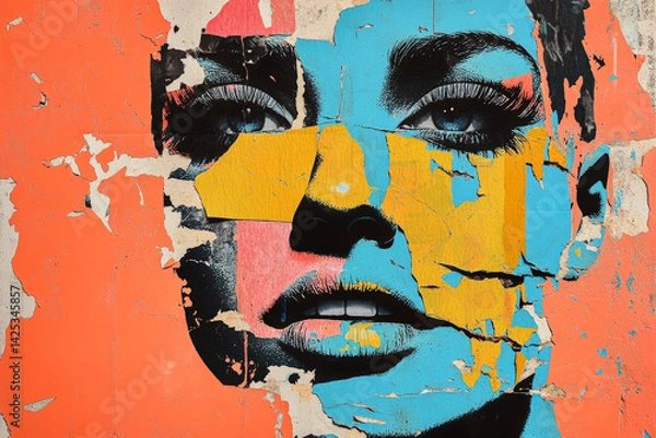 Obraz Colorful Collage Portrait. This creative collage art piece features a woman's face with vibrant colors and textures.
