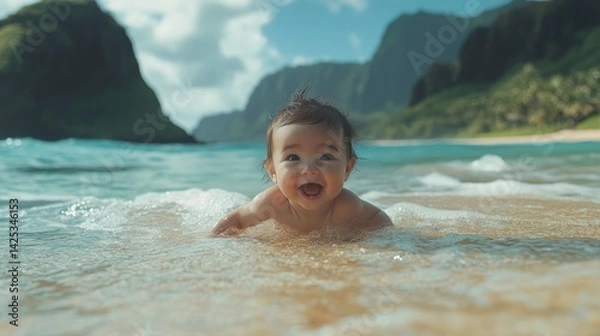 Obraz Baby smiles at the beach waves