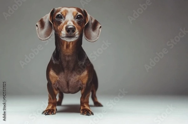 Fototapeta Professional close-up shot of a strong Dachshund standing proudly in a white studio environment