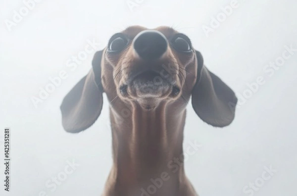 Fototapeta Professional close-up shot of a strong Dachshund standing proudly in a white studio environment