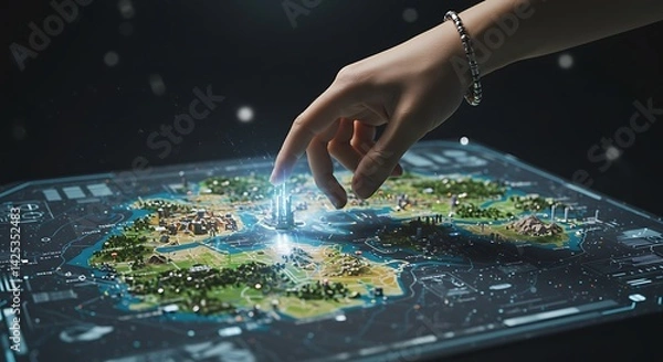 Fototapeta Interactive Map Technology with Finger Touching Futuristic Interface