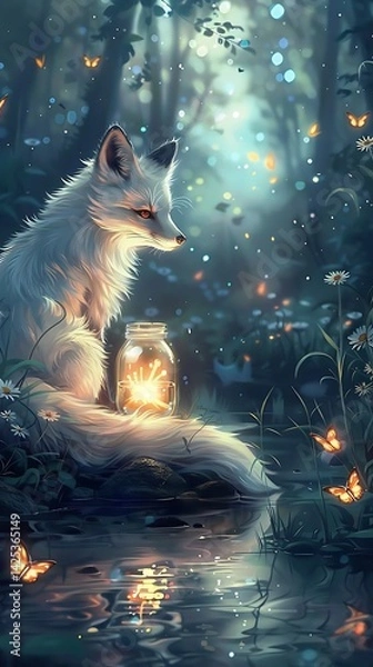 Fototapeta a cute white fox sitting by a glowing jar of fireflies beside a calm river at night, surrounded by wildflowers and butterflies, magical forest atmosphere, dreamy lighting, starry sky reflection 