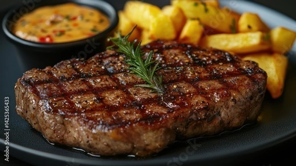 Obraz Grilled steak with french fries and sauce
