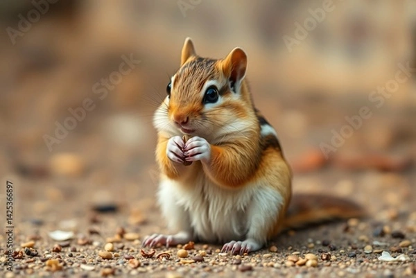 Fototapeta Close-Up of a Cute Chipmunk Eating Seeds on Warm Autumn Ground