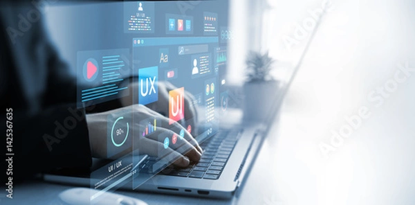Fototapeta UX-UI design web and user design development.Holographic UIUX, display icons of UX-UI designer, creative planning, data visualization. Web design, application design,coding develop.
