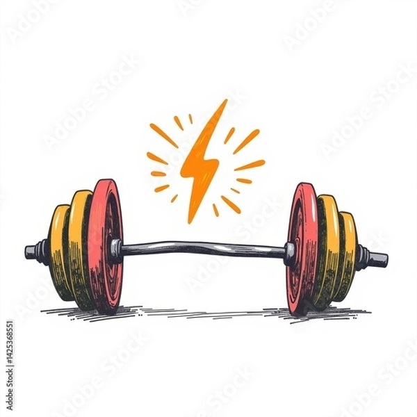 Fototapeta Child crayon drawing of a barbell with weight plates and energy burst symbol against a plain white background, handmade sketch