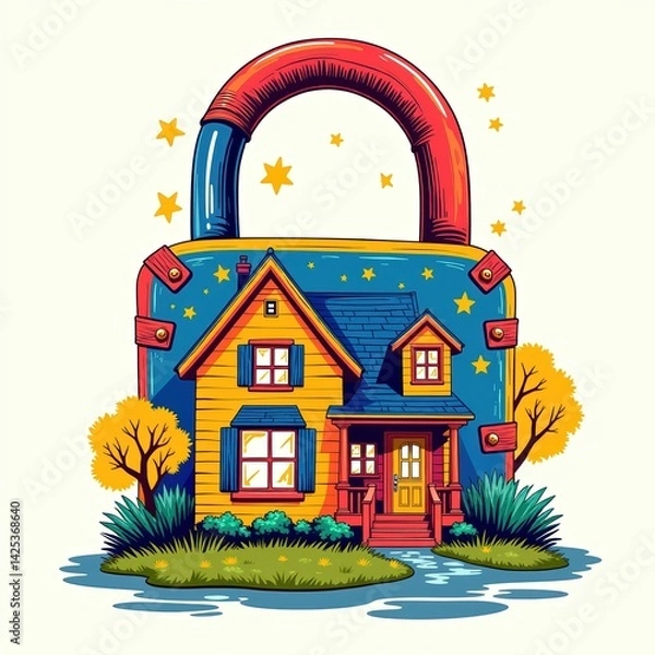 Fototapeta Vibrant illustration of a safe lock overlaying a suburban house, featuring bold colors, intricate outlines, and whimsical patterns with a light neutral background