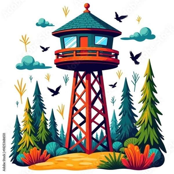 Fototapeta Vibrant illustration of an observation tower with binoculars and forest view, featuring bold colors and whimsical patterns against a light neutral background