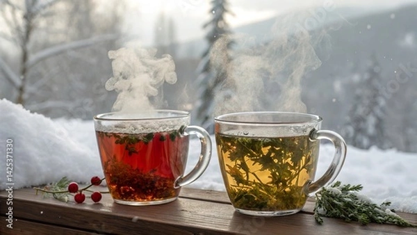 Obraz Herbal infusions steeping in glass mugs create a cozy atmosphere in a snowy outdoor setting during winter