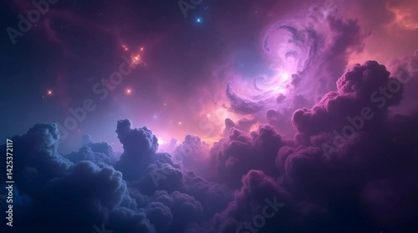 Fototapeta Vast expanse of swirling pink and purple gas in the vastness of space, astronomy, nebular clouds