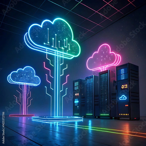 Obraz cloud computing concept with cloud computing, Futuristic Neon Cloud Computing Concept with Glowing Data Streams
