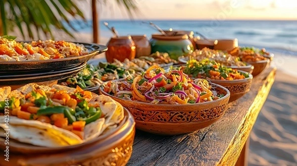Fototapeta Beachfront Sunset Buffet Colorful Dishes and Tranquil Ocean View