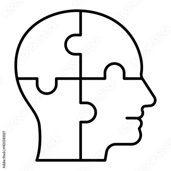 Fototapeta Man head puzzle pieces thin line icon, family psychology concept. Vector graphics. Human head, person sign on white background, linear style for mobile or design.