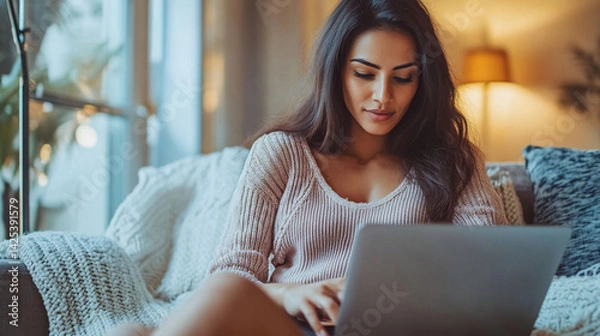 Obraz Woman Working From Home on Laptop